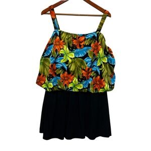 VTG It Figures Womens Floral Swimdress 22W Tropical One Piece Black Skirt Resort